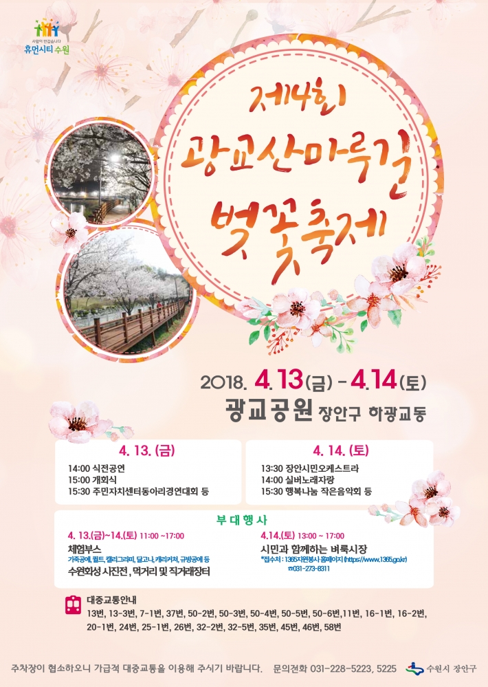 오는 13일부터 장안구 하광교동 소재 광교공원에서 '제4회 광교산마루길 벚꽃 축제'가 열린다.