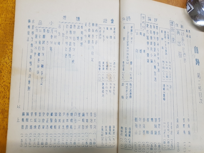 1936년 5월 수원학생회 문예부가 발행한 문예지 향적(向跡) 제2호 목차