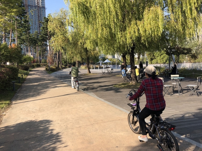 광교호수공원 산책로에서 자전거를 타는 시민들