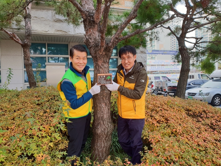 나무이름표를 달아주고 있는 김도현 동장과 허성근 마을만들기협의회장