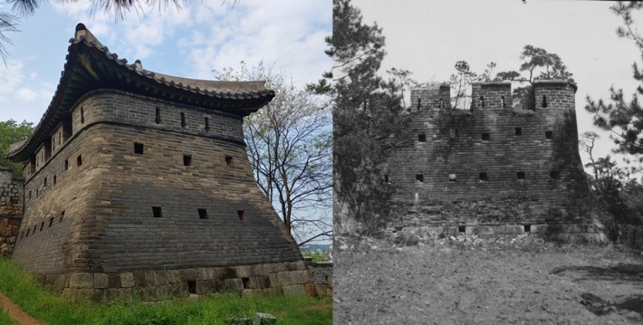수원화성 남포루. 왼쪽 사진은 복원된 모습이고 오른쪽 사진은 1950년대 이전 사진이다. 원래 모습대로 복원된 것으로 추정된다.