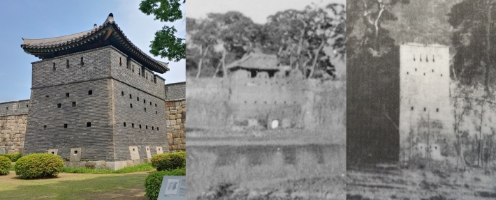 수원화성 북서포루. 왼쪽 사진은 복원된 모습이고 오른쪽 사진은 1930년대 전후의 사진이다. 총혈, 총안, 전안이 다르게 복원되었음을 알 수 있다.
