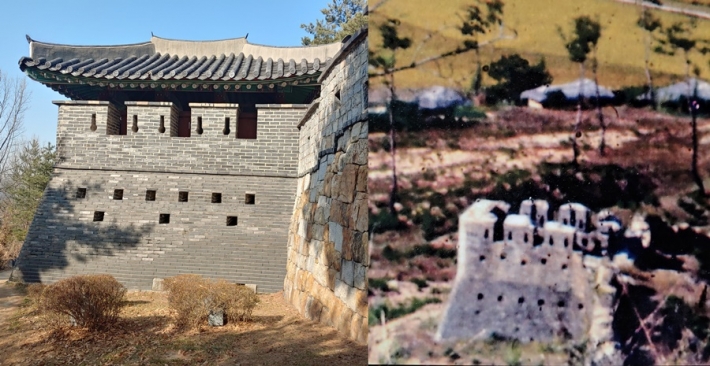 수원화성 서포루. 왼쪽 사진은 복원된 모습이고 오른쪽 사진은 1950년대 사진이다. 외형이 완벽한 서포루를 통해 원래 모습을 알 수 있다.