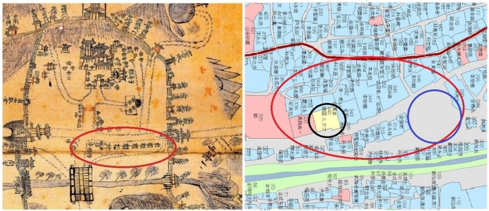 왼쪽 사진은 화성도 (18세기 후엽 37X33cm 류철현 소장), 오른쪽 사진은 팔부자거리 일대(수원시정연구원 수원학연구센터 소장) 오른쪽 검정 원은 천주교회, 파란 원은 우시장 터