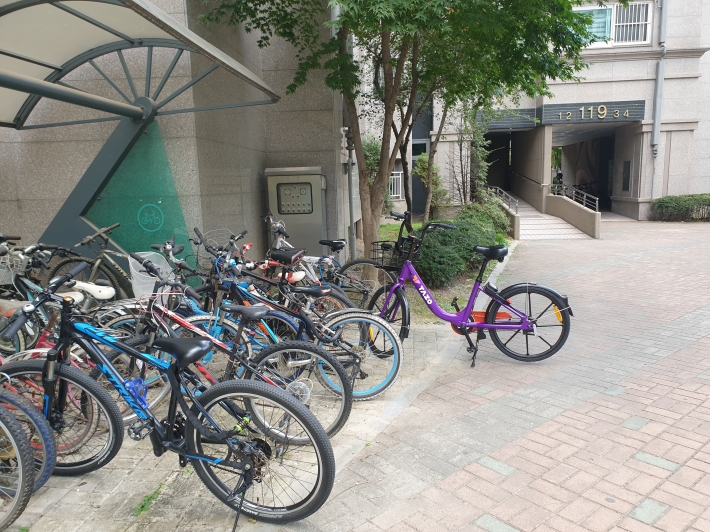 타조 자전거가 아파트 단지에 주차된 모습