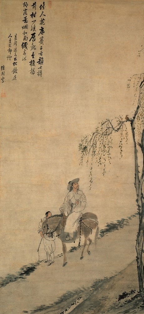 '마상청앵도', 종이에 수목담채, 117.5 x 52.0 cm 간송미술문화재단 소장