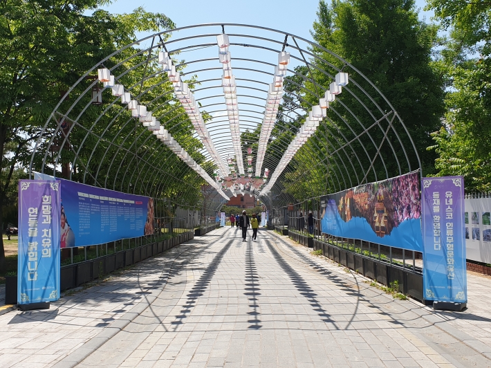 화성행궁 광장 옆에 설치된 그린터널, 각양각색의 연꽃 행렬 색다른 볼거리를 제공하고 있다.