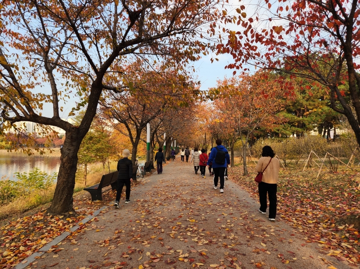 단풍이 아름다운 만석공원, 많은 시민이 가을을 즐기고 있다.