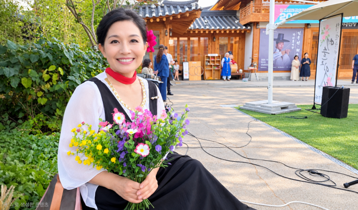 이날 사회를 진행한 정다겸 시인이 꽃다발을 품에 안고 인터뷰에 응하고 있다.