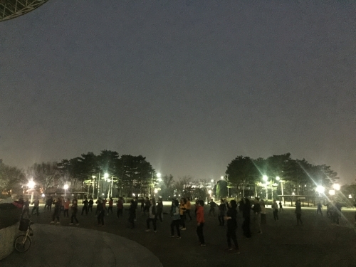 주민들이 모여 만석공원에서 야간 운동을 하고있다.