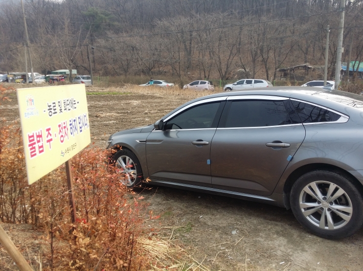 광교산 농로입구에 불법 주정차한 차량들 