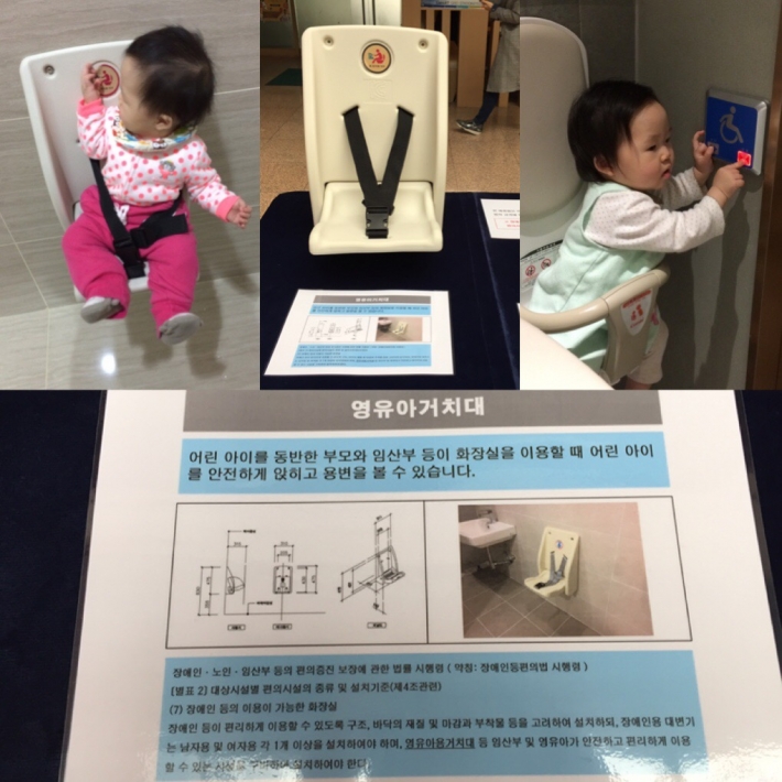 현재 공공기관에 설치된 검정벨트식 영유아거치대는 보완설치가 필요해보인다./적절한 버튼위치는 고려대상이다.