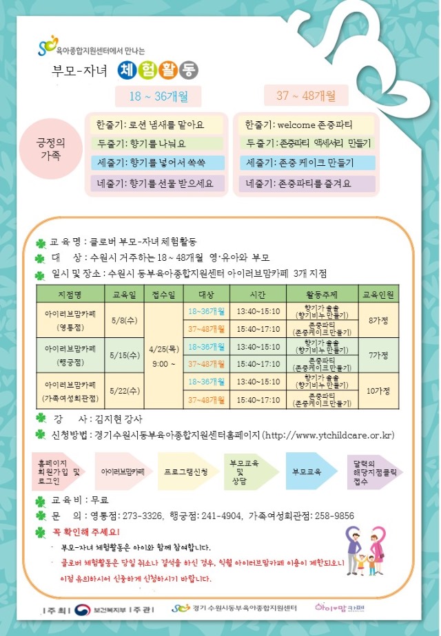 5월에 진행되는 클로버 부모-자녀 체험활동 안내문(출처 : 수원시 동부육아종합지원센터 홈페이지)