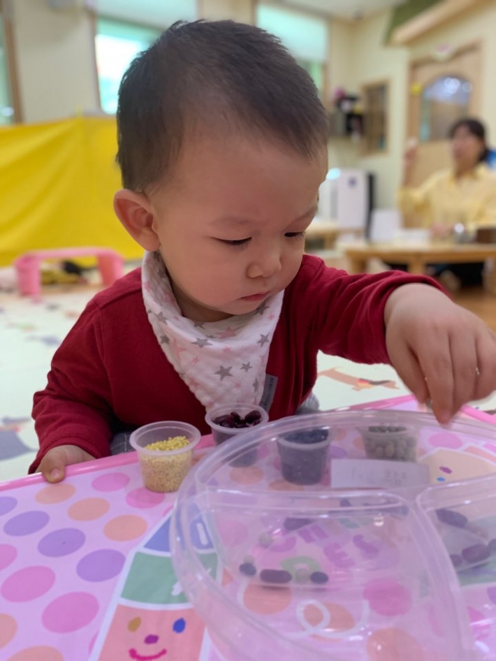 다양한 형태의 곡물을 만져보고 집어보는 것은 아기의 소근육 운동을 돕는다고 한다.