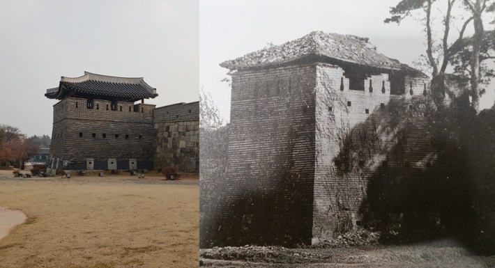 수원화성 북동포루. 왼쪽 사진은 복원된 모습이고 오른쪽 사진은 1920년대 전후의 사진이다. 원래 모습과 다르게 복원되었음을 알 수 있다.