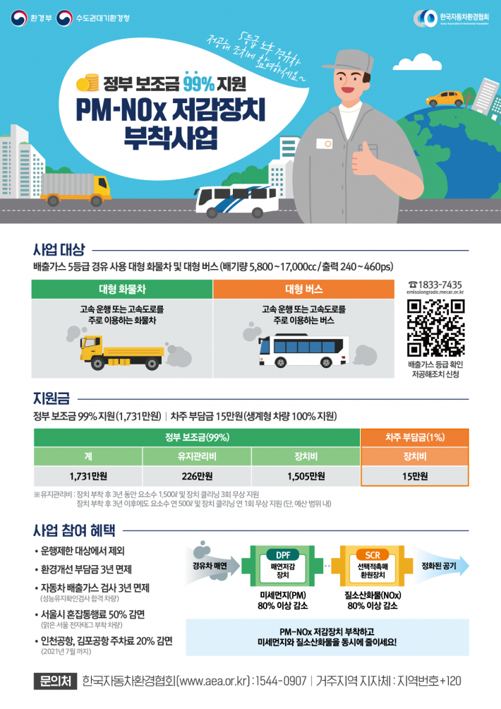 PM-NOx 저감장치 부착사업 정부보조금 지원 안내문(출처 한국자동차환경협회 홈페이지)