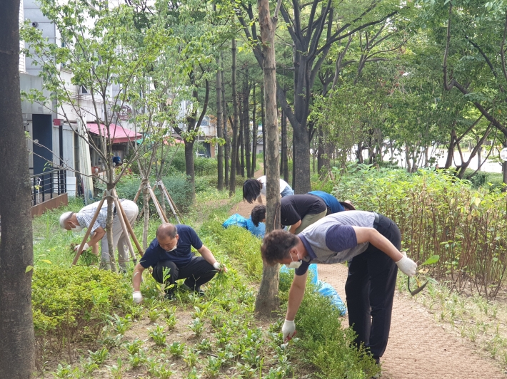 화서2동장(왼쪽에서 두 번째)과 녹지공원과장, 주민들이 함께 화서동 카페거리 도시숲을 환경정비를 하고 있다.