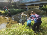 단체원과 직원들이 수원천로를 청소하고 있다.