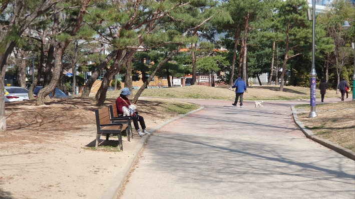 강아지와 함께 쉬고 있는 아주머니 