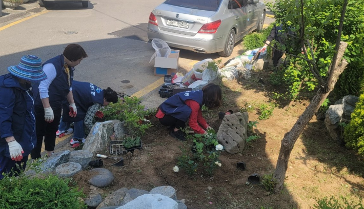 조원1동 마을만들기협의회 회원과 주민이 함께 꽃을 심고 있다.