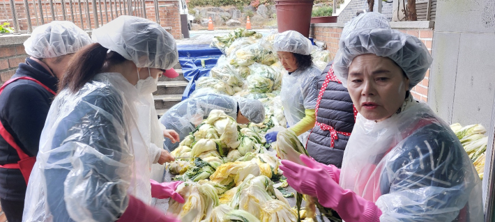 와, 언제 김장을 다 담그지? 첫단계는 절임김치 쪼개기다.