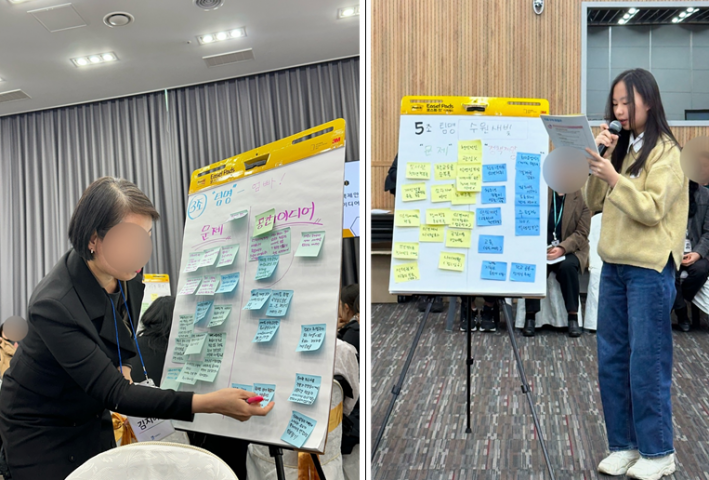 3조(팀명: 엄빠)의 퍼실리테이터(왼쪽)와 5조(팀명: 수원새빛)의 발표자