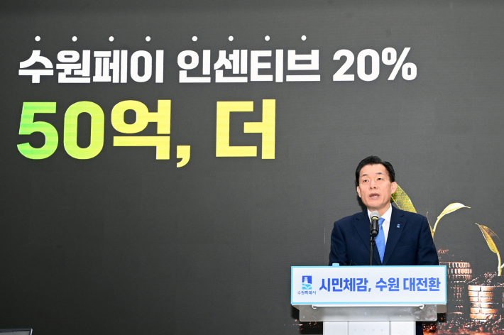 이재준 수원시장이 2025년 신년브리핑에서 지역경제 활성화를 위해 수원페이 인센티브 50억원을 추가 지급한다는 내용을 발표하고 있다