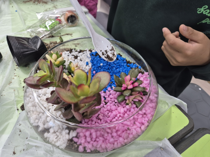 지역아동센터 아동이 테라리움 만들기에 집중하고 있는 모습이다.