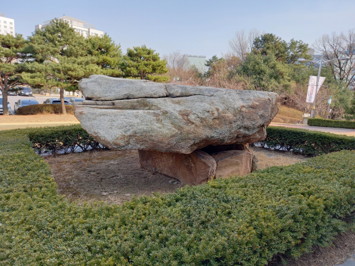 야외 전시장에 금곡동 출토 고인돌. 청동기 시대를 대표하는 돌무덤이다. 