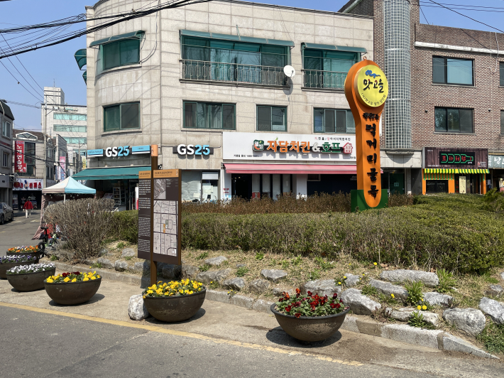 철쭉밭을 중심으로 활짝 핀 팬지 꽃 화분이 놓여있다.