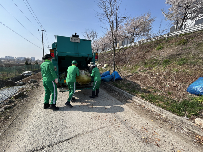 권선구 기동청소반과 호매실동 환경관리원들이 폐낙엽을 정리하고 있다.