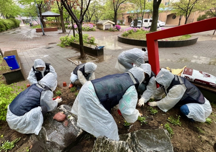 조원2동 통장협의회 회원들이 손바닥정원 조성지에 마가렛 등 봄철 초화를 식재하고 있다.