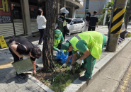 율천동 단체원과 환경관리원이 관내 제초작업을 실시하고 있다.