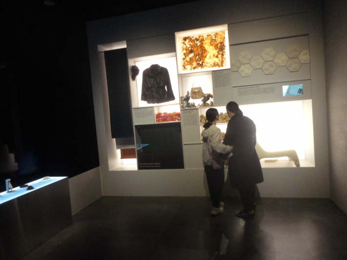 과일 껍질과 선인장으로 만든 가죽의 다양한 생활용품을 살펴보는 관람객