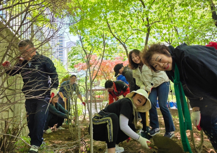 조원2동 단체장과 직원들이 관내 손바닥정원에 무궁화를 식재하고 있다.