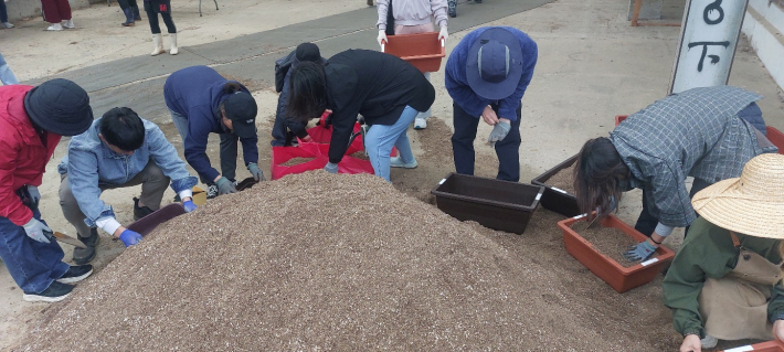 교육 참가자들이 상자(화분)에 배양토를 담고 있다.