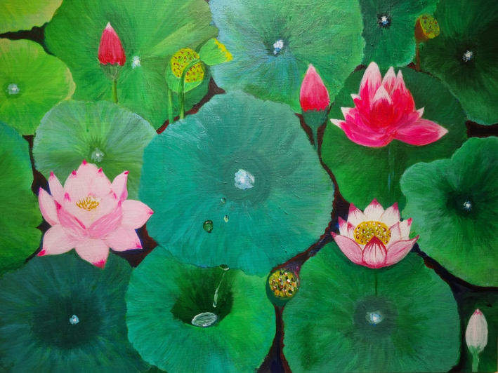 여름날의 연꽃 사랑: 황서연 아크릴화