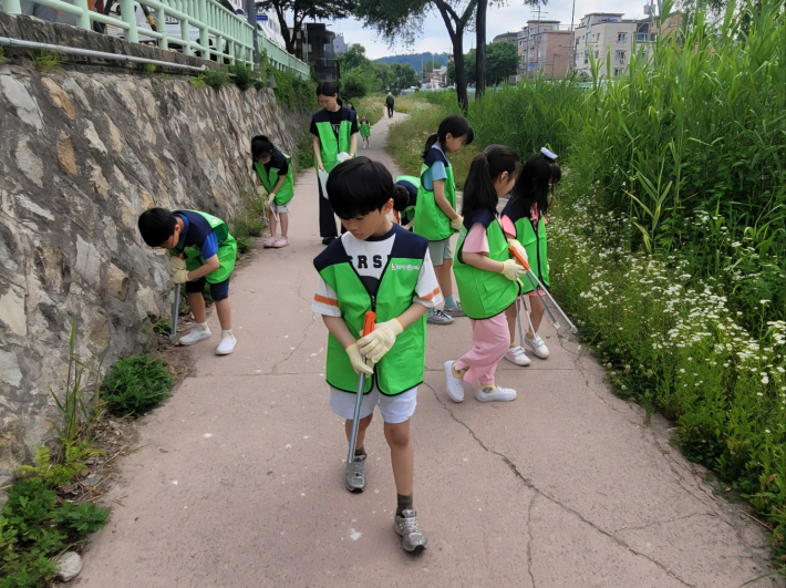 아동들이 수원천에서 쓰레기를 줍는 모습