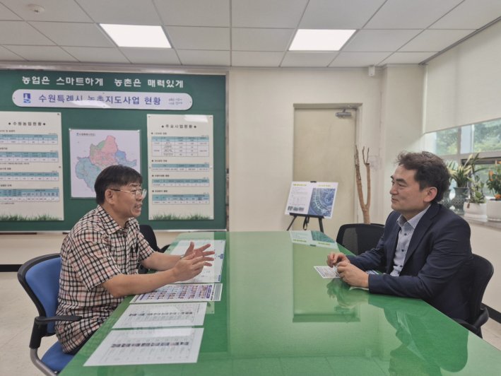 MOU 협약으로 함께하는 미래를 이야기하는 수원시 농업기술센터 노병진 과장(왼쪽)과 국제사이버대학교 이창래 교수(오른쪽).