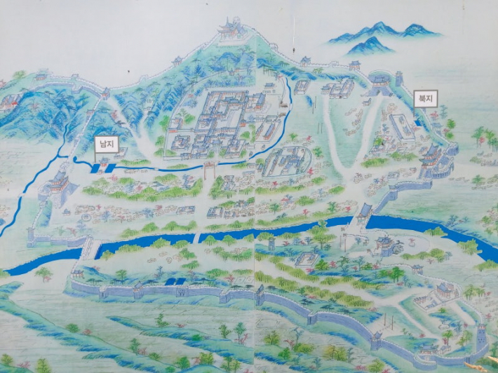 남지와 북지의 표시를 보면 물길이 있었다는 것을 확인할 수 있다.(사진 출처 : 수원시정연구원)