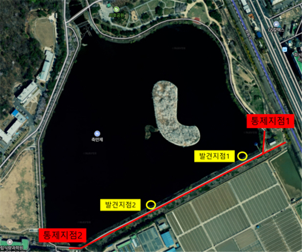 사진) AI 확진된 큰기러기 폐사체 발견 지점.    