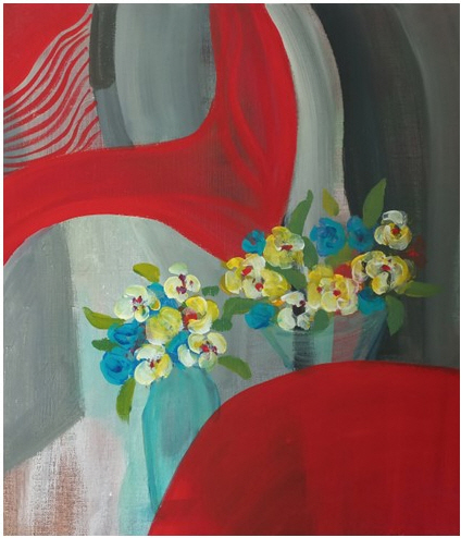 작품 <응결>. 붉은색의 강렬한 배경과 꽃의 이미지가 대비를 이룬다. 빛과 색이 만들어내는 다층적 공간 속에서 현실과 기억의 경계가 느슨하게 드러난다.