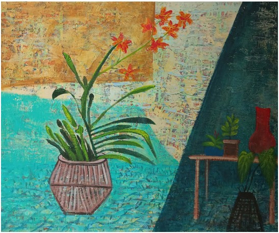 작품 <경계면>. 굵은 색면과 꽃의 형태가 서로 응축되며 감정의 밀도를 보여준다. 내면의 흐름이 순간적으로 맺히는 정서를 색채의 충돌과 조화로 표현했다.