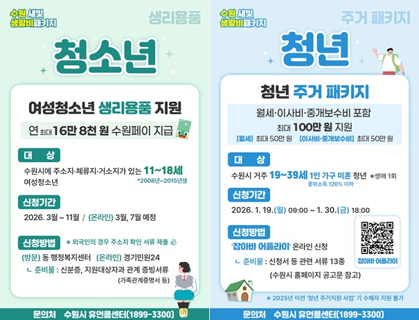 수원 새빛 생활비 패키지 '여성청소년 생리용품 지원' 및 '청년 주거 패키지'