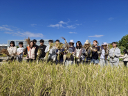 학생들이 수확한 벼를 들고 환하게 웃고 있다.