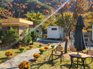 가을 단풍으로 물든 청량산 수원캠핑장 6인 카라반 앞 전경