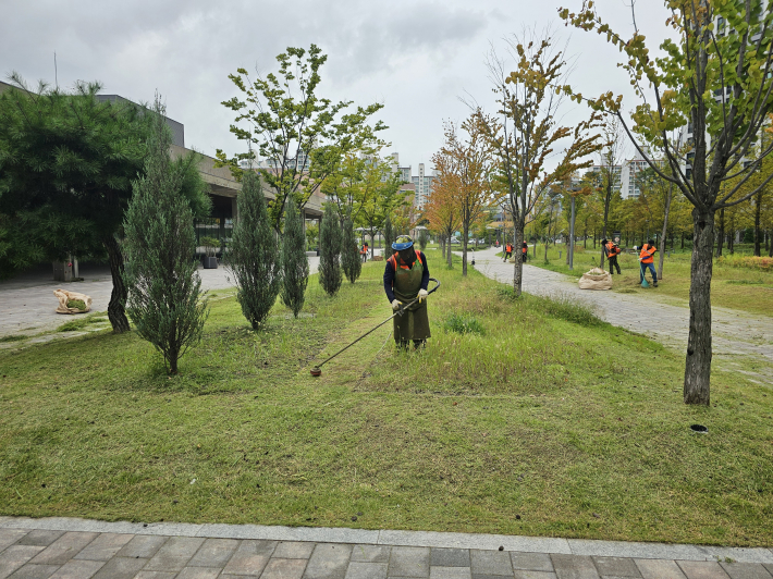 대유평공원 조경작업 사진이다.