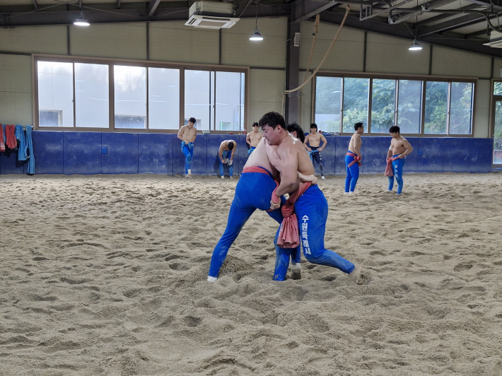 상대의 균형을 흔들기 위해 허리를 움켜잡고 힘을 쓰고 있다. 