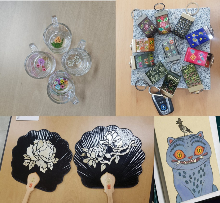 좌측 상단부터 시계방향으로 압화를 활용한 꽃술잔, 가죽키링, 케데헌 호랑이, 보리아트 부채 순서