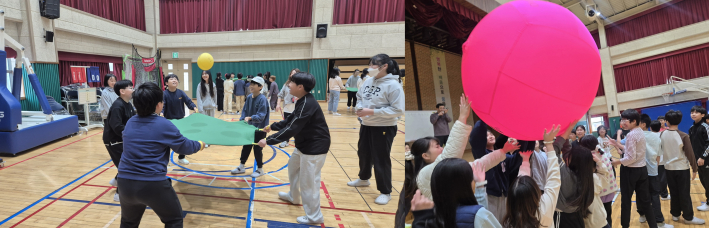 강당에서 협동바운스를 하고 있다.